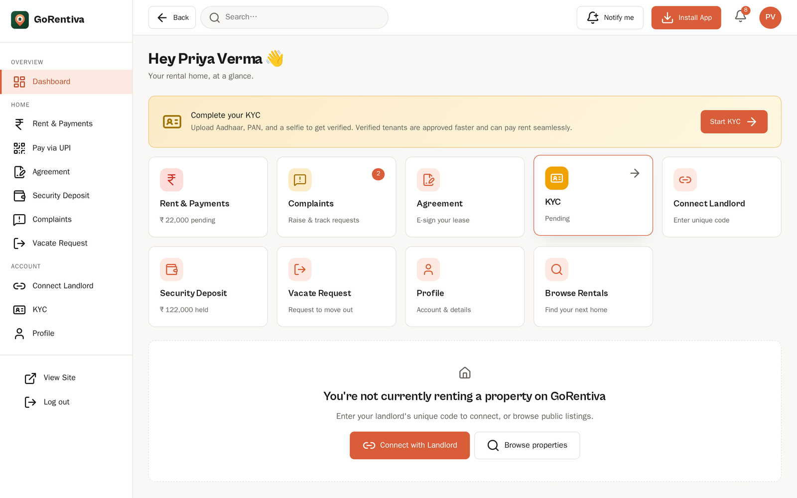 GoRentiva tenant dashboard — rent, KYC, agreement, complaints and security deposit